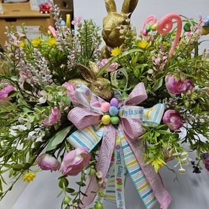 Easter Floral Arrangement with Pink Ribbon and Gold Bunny